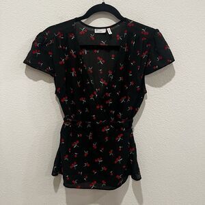 ASOS Wrap Thru Blouse Cherry Print US 10 Short Sleeve Pinup Girl Festival School